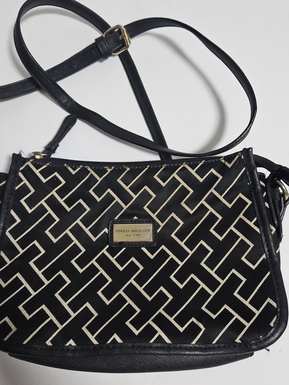 Tommy Hilfiger Black & Cream Geometric Crossbody Bag